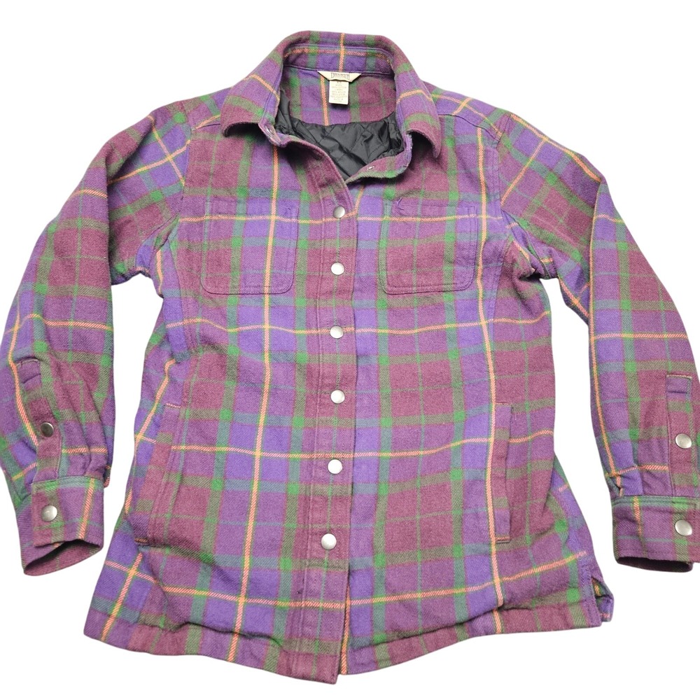 Duluth Trading Shirt Jacket XS Purple Plaid Snap Front Shacket Cabin Workwear